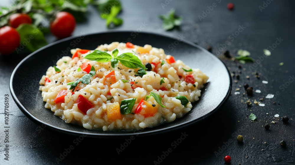 A vibrant dish of risotto with vegetables and spices, elegantly served on a black plate, set against a matching black background.
A vibrant dish of risotto with vegetables and spices, elegantly served on a black plate, set against a matching black background.