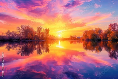 A stunning display of autumn colors fills the sky as the sun sets, casting brilliant reflections on the water's surface. Generative AI