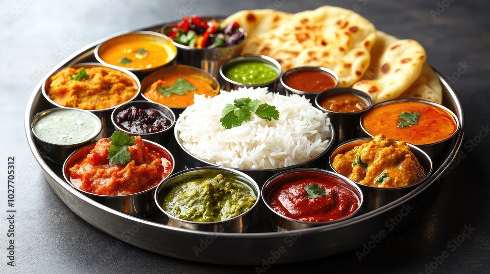 Colorful Indian Thali with Rice and Various Dishes