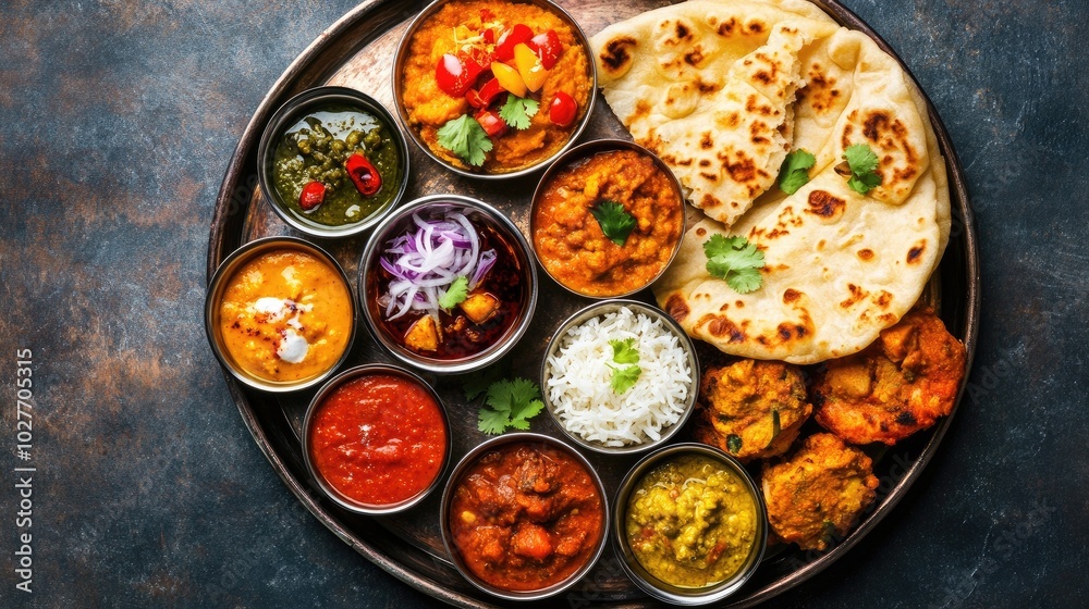 Vibrant Indian Cuisine Platter with Varieties and Sides Vibrant Indian Cuisine Platter with Varieties and Sides
