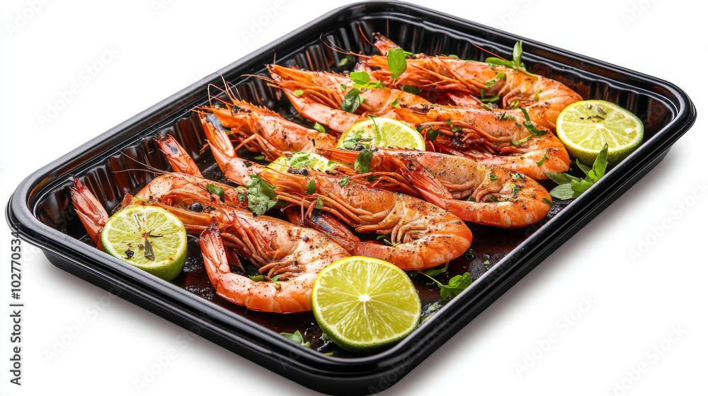 Grilled spicy prawns garnished with lime and oregano, beautifully arranged in a serving pan and isolated against a white background.
Grilled spicy prawns garnished with lime and oregano, beautifully arranged in a serving pan and isolated against a white background.