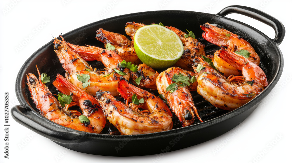 Grilled spicy prawns garnished with lime and oregano, beautifully arranged in a serving pan and isolated against a white background.
Grilled spicy prawns garnished with lime and oregano, beautifully arranged in a serving pan and isolated against a white background.