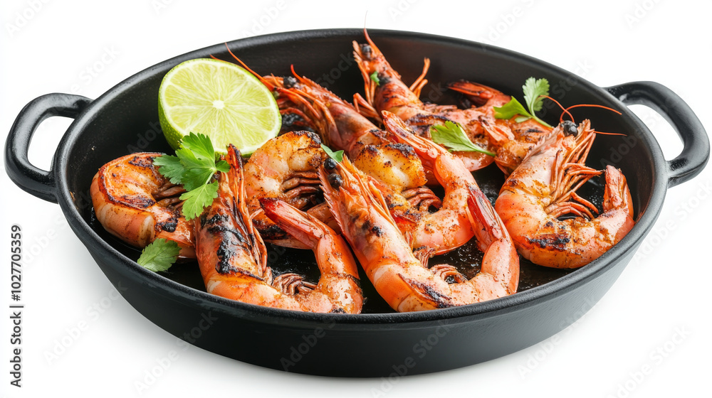 Grilled spicy prawns garnished with lime and oregano, beautifully arranged in a serving pan and isolated against a white background.
Grilled spicy prawns garnished with lime and oregano, beautifully arranged in a serving pan and isolated against a white background.