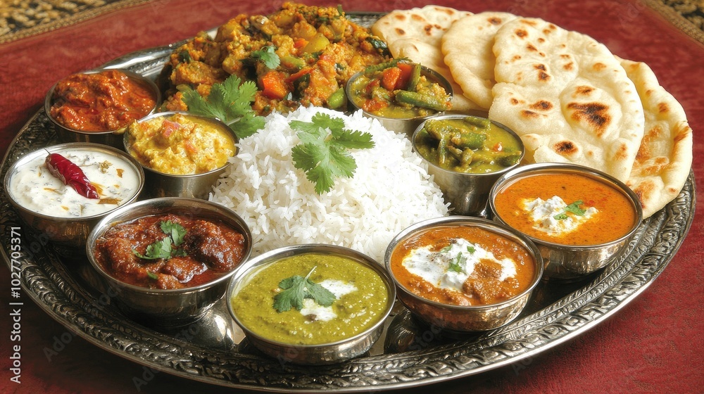Traditional Indian Thali with Rice and Flatbreads