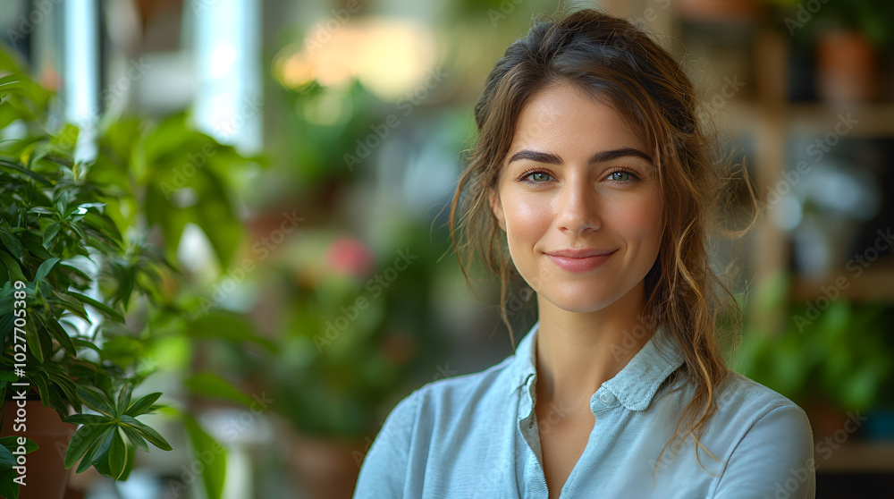 A young woman smiles brightly while standing among vibrant plants in a cozy indoor garden setting during daylight hours A young woman smiles brightly while standing among vibrant plants in a cozy indoor garden setting during daylight hours