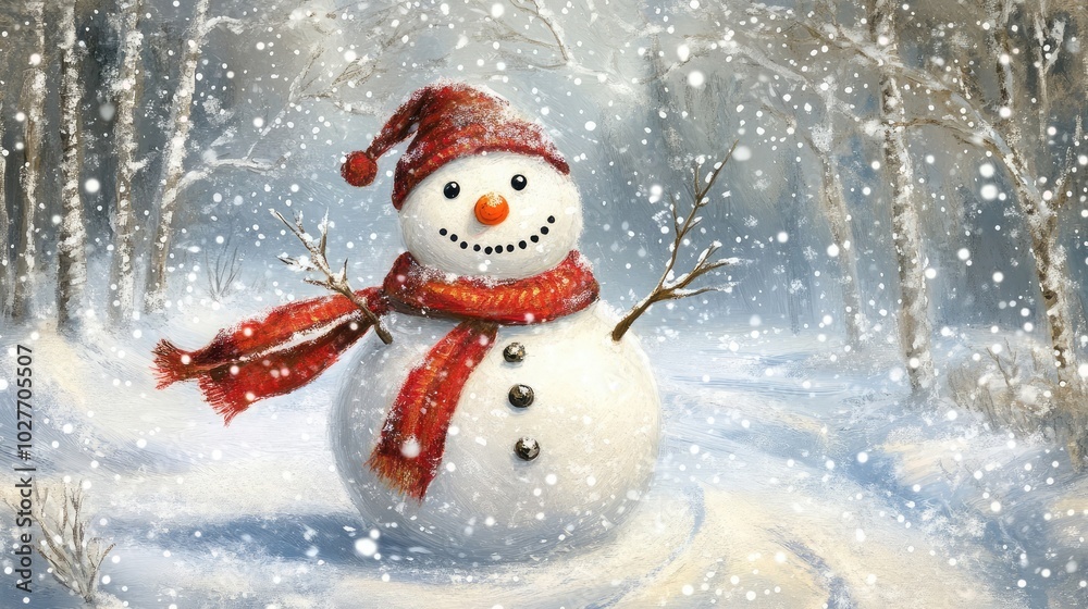 A Cheerful Snowman Wearing a Red Scarf in a Snowy Winter Landscape A Cheerful Snowman Wearing a Red Scarf in a Snowy Winter Landscape