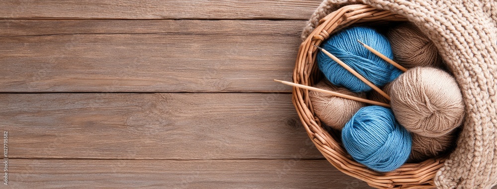 Warm earthy tones in a rustic basket filled with yarn and knitting needles inviting cozy crafting moments