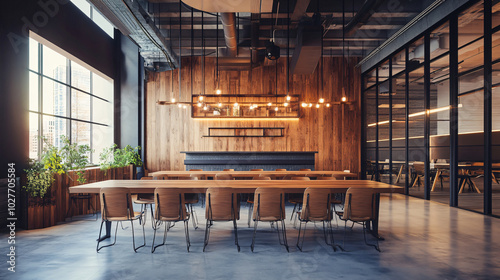 Fototapeta Naklejka Na Ścianę i Meble -  A minimalist coworking space with no occupants, featuring modern design elements like wood-paneled walls, an open floor plan, and hanging industrial light fixtures. The space has large communal tables