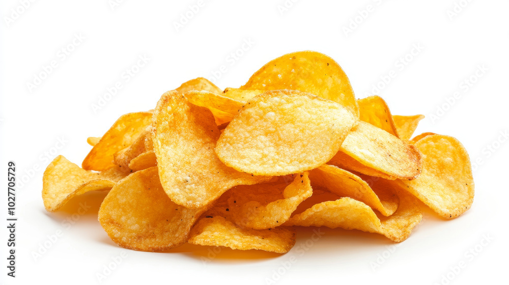 A delicious potato chip, perfectly crisp and golden, isolated against a white background to showcase its enticing texture.
A delicious potato chip, perfectly crisp and golden, isolated against a white background to showcase its enticing texture.