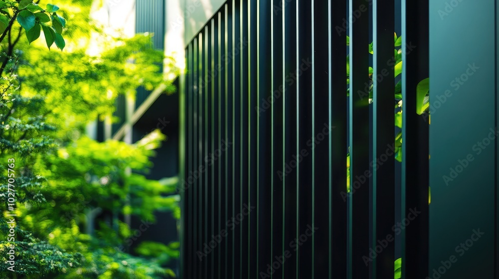 A modern black metal fence with vertical slats, surrounding a building with greenery in the background A modern black metal fence with vertical slats, surrounding a building with greenery in the background