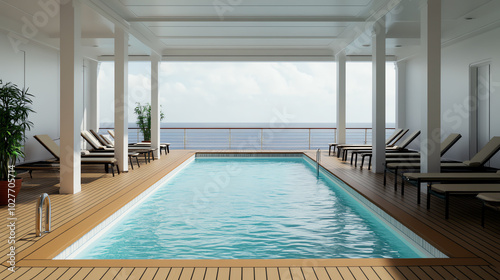 Bright and serene indoor pool area with lounge chairs, surrounded by glass walls, offering a breathtaking view of the ocean and inviting relaxation.