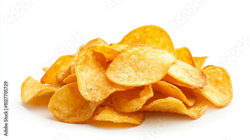 A delicious potato chip, perfectly crisp and golden, isolated against a white background to showcase its enticing texture.