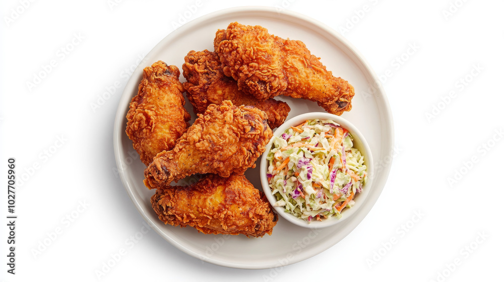 A top view of a plate featuring crispy fried chicken paired with a side of coleslaw, all set against a clean white background.
A top view of a plate featuring crispy fried chicken paired with a side of coleslaw, all set against a clean white background.