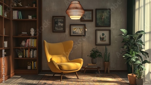 Cozy living room featuring a yellow chair and indoor plants.
