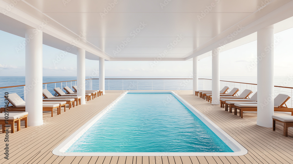 Fototapeta premium Serene swimming pool area with loungers, overlooking a tranquil ocean view. Modern architectural design enhances relaxation and leisure for vacationers seeking tranquility.