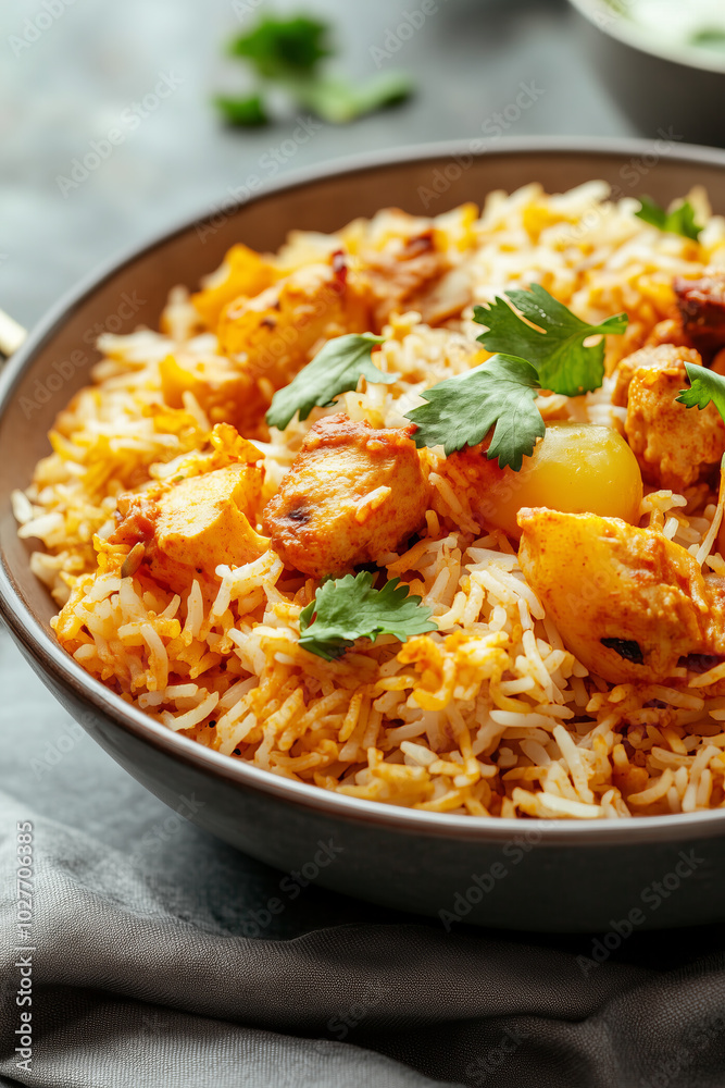 Colorful Indian pattern bowl full of freshly cooked rice recipe with garnish and curry. Colorful Indian pattern bowl full of freshly cooked rice recipe with garnish and curry.