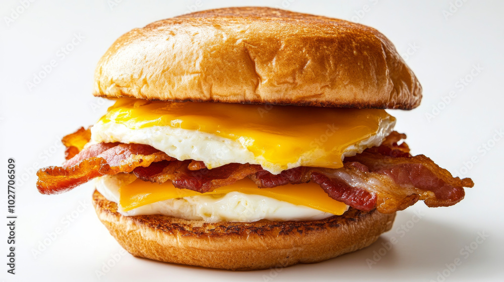 A large breakfast sandwich filled with crispy bacon and melted cheese, beautifully displayed against a white background.
A large breakfast sandwich filled with crispy bacon and melted cheese, beautifully displayed against a white background.