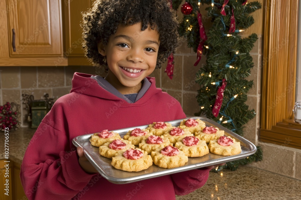Joyful young African American boy holding a tray of holiday cookies in the kitchen. Joyful young African American boy holding a tray of holiday cookies in the kitchen.