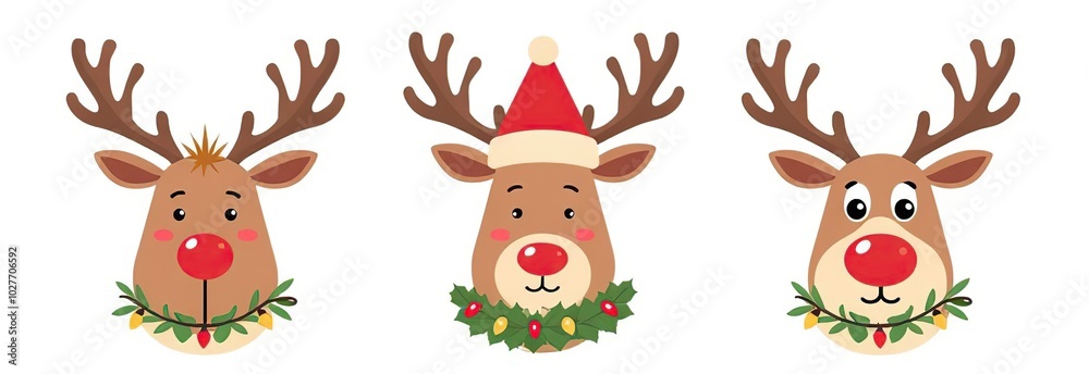 Set of cute reindeer head isolated on white background. Funny Simple flat vector illustration christmas reindeer in hat and garland with light bulbs Set of cute reindeer head isolated on white background. Funny Simple flat vector illustration christmas reindeer in hat and garland with light bulbs