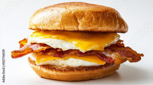 A large breakfast sandwich filled with crispy bacon and melted cheese, beautifully displayed against a white background.



