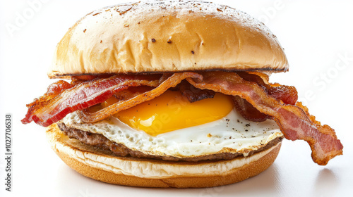 A large breakfast sandwich filled with crispy bacon and melted cheese, beautifully displayed against a white background.




