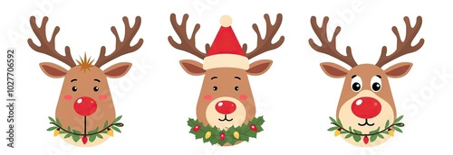 Set of cute reindeer head isolated on white background. Funny Simple flat vector illustration christmas reindeer in hat and garland with light bulbs