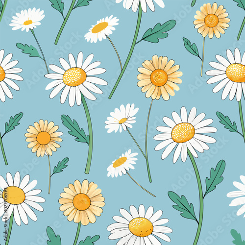 Seamless pattern featuring colorful hand-drawn chamomile flowers.