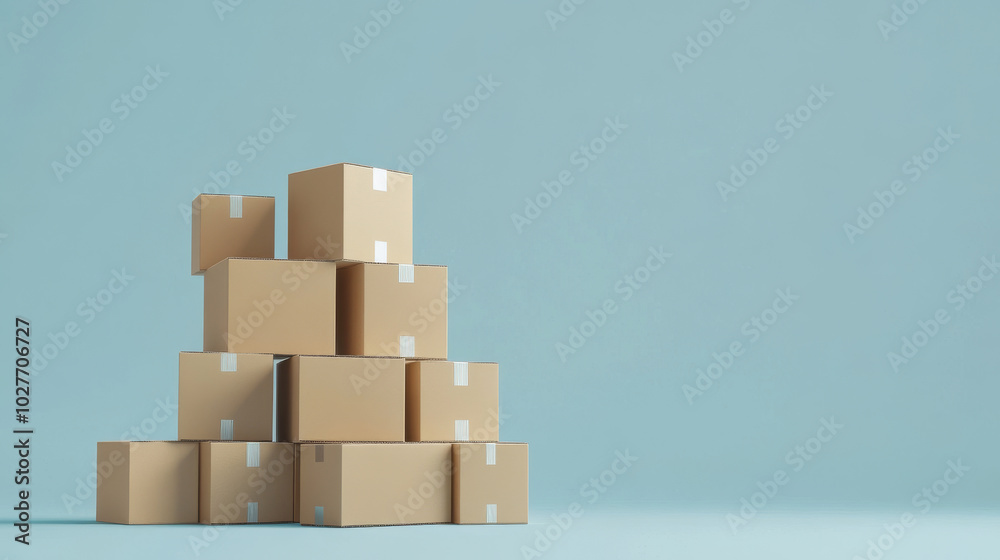 A stack of cardboard boxes arranged neatly on a plain, isolated background, symbolizing logistics, packaging, and shipping. The boxes are stacked in a tidy, organized manner, with varying sizes to rep A stack of cardboard boxes arranged neatly on a plain, isolated background, symbolizing logistics, packaging, and shipping. The boxes are stacked in a tidy, organized manner, with varying sizes to rep
