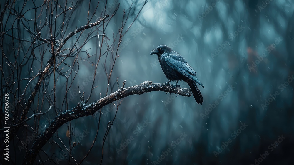 Fototapeta premium Raven Perched on Gnarled Branch in Misty Forest Scene