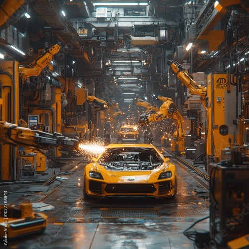 a yellow sports car in a factory photo