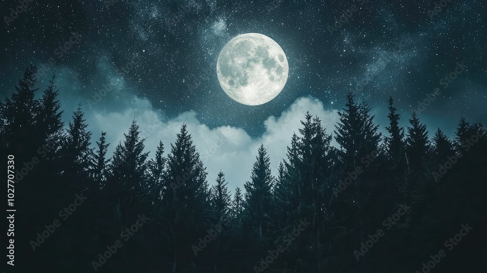 Enchanting Dark Sky with a Bright Moon Above Pines Enchanting Dark Sky with a Bright Moon Above Pines