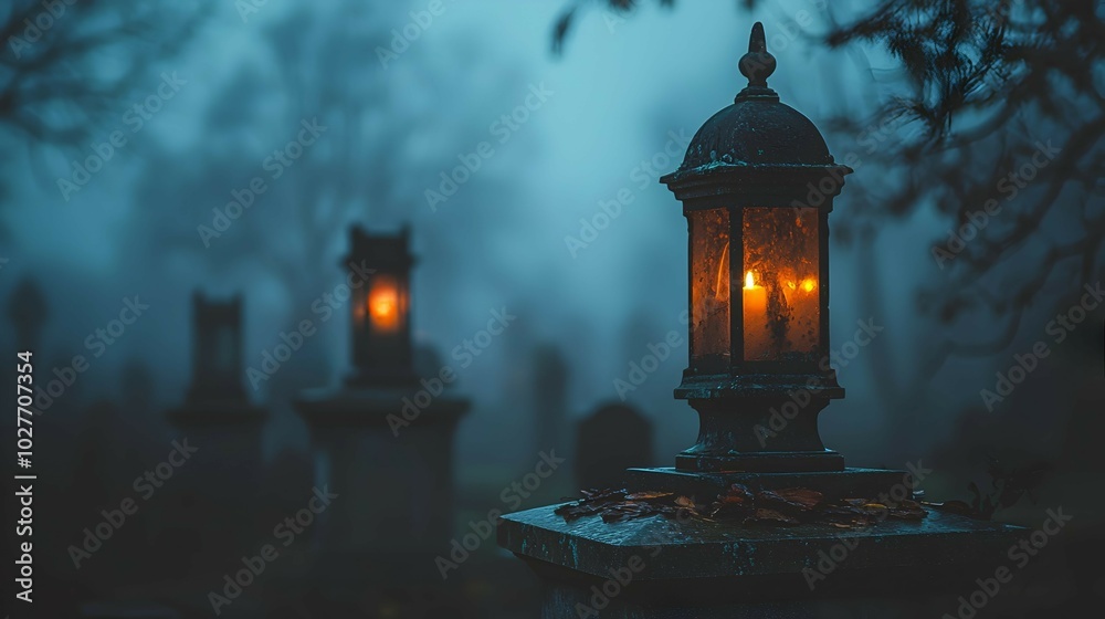 Mystical Foggy Cemetery with Glowing Lanterns Mystical Foggy Cemetery with Glowing Lanterns