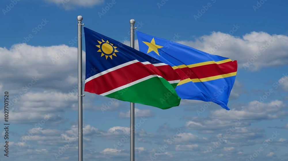 Democratic Republic of the Congo and Namibia flags flying together, video concept of the relationship, two country relations concept Democratic Republic of the Congo and Namibia flags flying together, video concept of the relationship, two country relations concept
