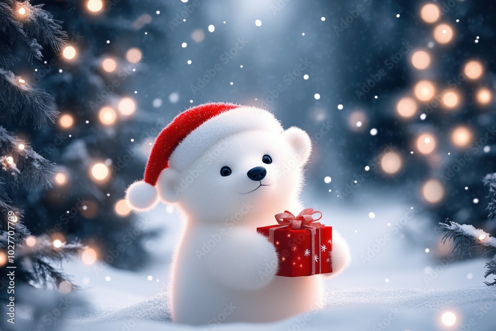 A playful polar bear cub wearing a Santa hat holds a festive red gift box in a snow-covered forest. Surrounded by glowing lights and gentle snowfall, this scene captures the joy and wonder A playful polar bear cub wearing a Santa hat holds a festive red gift box in a snow-covered forest. Surrounded by glowing lights and gentle snowfall, this scene captures the joy and wonder