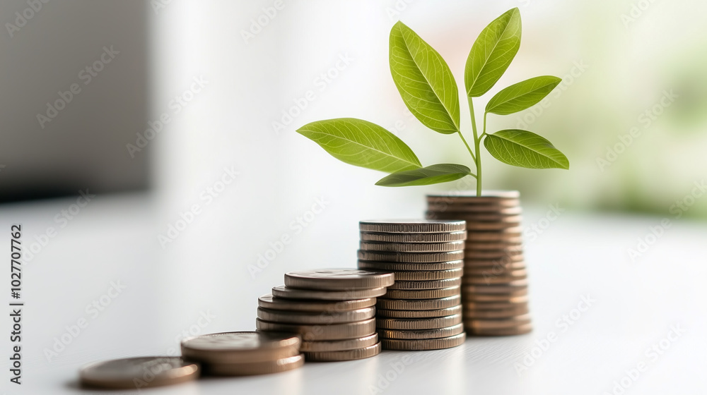 stack of coins next to a growing plant depicts economic growth, on a white background, financial concept stack of coins next to a growing plant depicts economic growth, on a white background, financial concept
