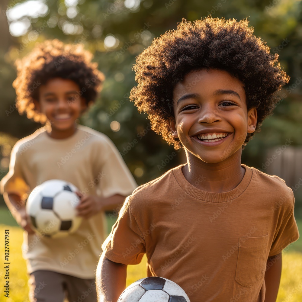two young boys with soccer balls in the grass two young boys with soccer balls in the grass