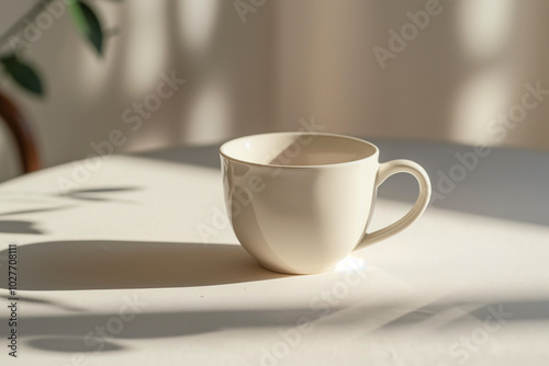 Single coffee cup on plain white table