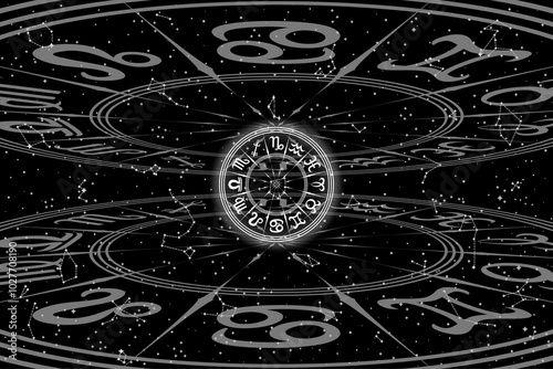 Black and White Round Frame with Zodiac Signs. Horoscope Symbol. Panoramic Sky Map of Hemisphere. Glowing Constellations on Starry Night Background. Raster. 3D Illustration
