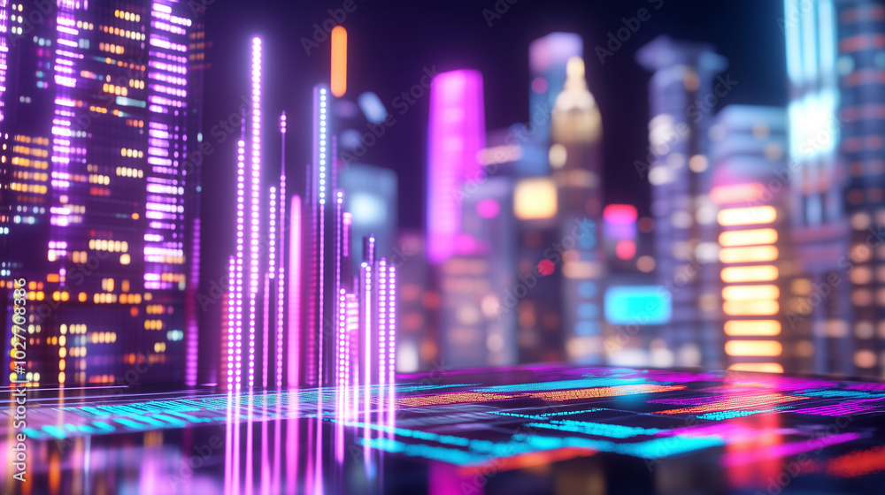 A high-tech stock exchange interface featuring digital panels filled with stock market data, displaying fluctuating prices in vibrant neon colors. The cityscape in the background a A high-tech stock exchange interface featuring digital panels filled with stock market data, displaying fluctuating prices in vibrant neon colors. The cityscape in the background a