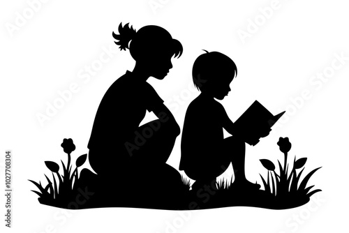 Siblings sitting in the grass and reading book Silhouette | vector silhouette illustration on white background