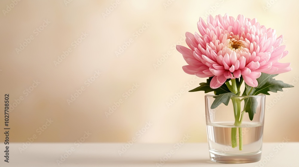 A single pink chrysanthemum placed in a clear glass vase with water against a soft beige background, emphasizing simplicity and natural beauty in a minimalist setting A single pink chrysanthemum placed in a clear glass vase with water against a soft beige background, emphasizing simplicity and natural beauty in a minimalist setting