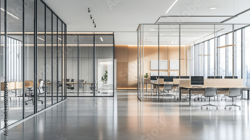 A modern, empty workspace with modular furniture, designed to adapt to different needs. Glass walls and moveable partitions divide the space, with minimalist décor and bright natural light