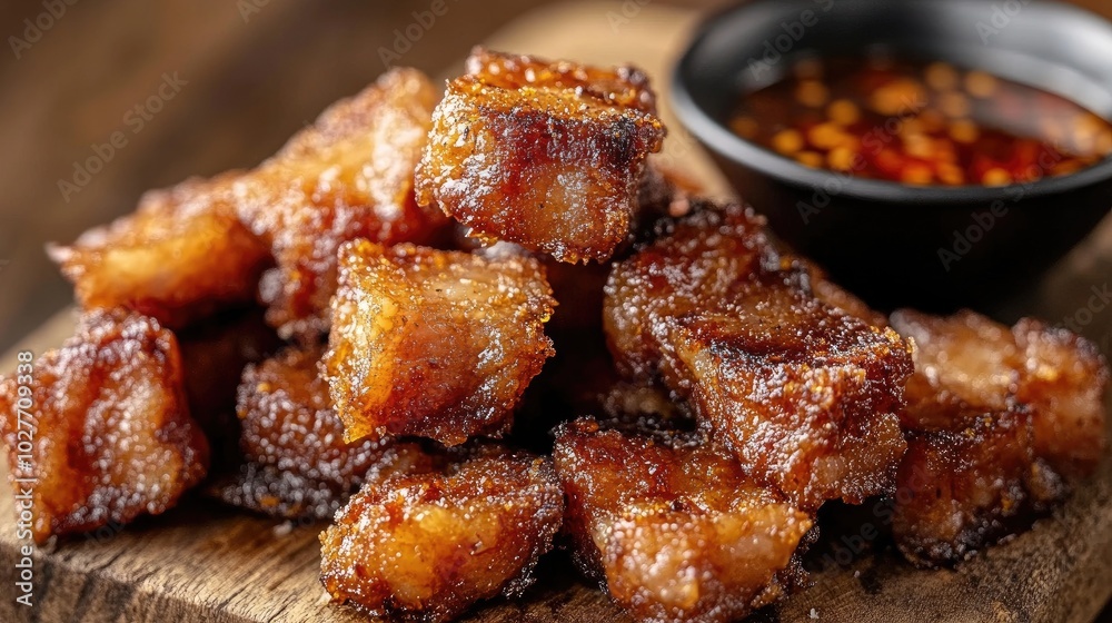 Crispy Fried Pork with Dipping Sauce on Wooden Board Crispy Fried Pork with Dipping Sauce on Wooden Board