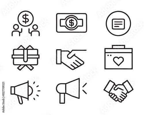 Business marketing thin line icon set. Containing sponsor, agreement, donation, handshake, partnership, trust, money, social media, megaphone, campaign, purchase, donation. Vector illustration