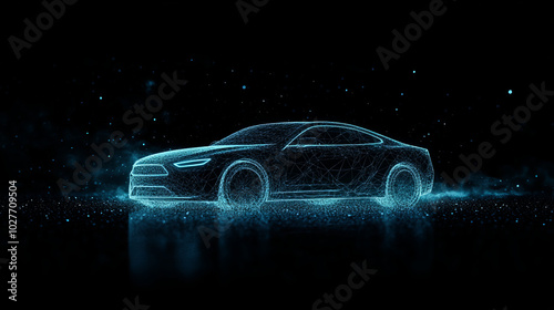 A hologram of an electric car, composed of polygons, triangles, dots, and lines, creating a low-poly connection structure. The design represents a futuristic, digital visualization of an electric vehi photo