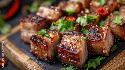 Delicious Grilled Pork Belly on Wooden Board