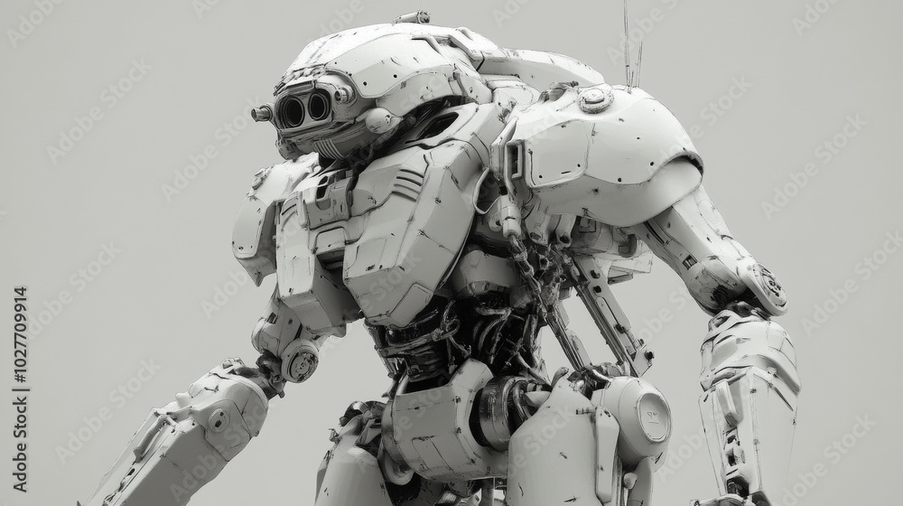 A 3D rendering of a mech standing against a black background. The futuristic robot features intricate details, with a sleek design and powerful stance, emphasizing its high-tech armor and mechanical c A 3D rendering of a mech standing against a black background. The futuristic robot features intricate details, with a sleek design and powerful stance, emphasizing its high-tech armor and mechanical c