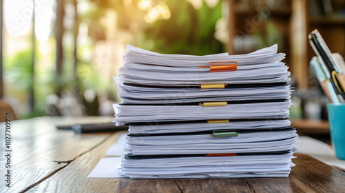 business documents and papers sprawled across a desk, symbolizing overwhelming workloads, disorganization, and the challenges of managing information overload photo