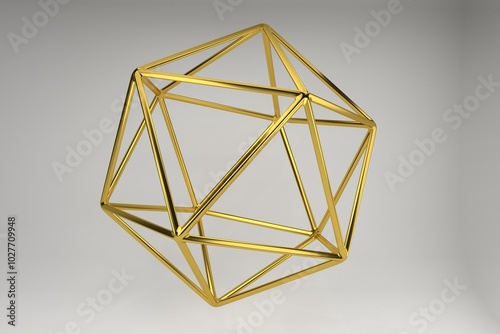 Realistic 3d rendering of golden icosahedron.  Modern background with geometric shape of Platonic solids. Geometric elements isolated on background with metallic color gradient..
