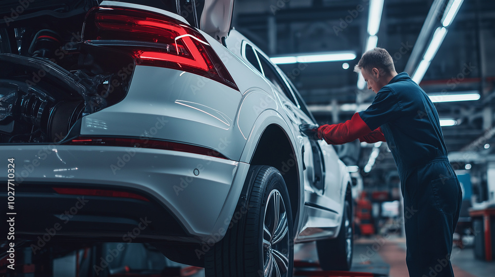 A technician inspects the engine of a white car in a well-lit workshop, surrounded by tools and automotive equipment, focusing on maintenance during the afternoon. A technician inspects the engine of a white car in a well-lit workshop, surrounded by tools and automotive equipment, focusing on maintenance during the afternoon.